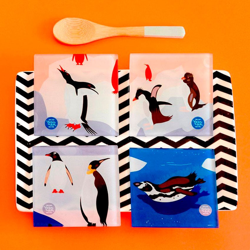 SET POSAVASOS VIDRIO TEMPLADO PINGUINOS